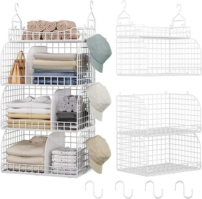 HapiRm Hanging Closet Organizer Storage - 3 Tier Metal Stackable Hanging Closet Shelves with Dividers and S Hooks, Foldable Clothes Shelves for Clothes, Pants, Shoes, Coat, Hats Clutches Accessories