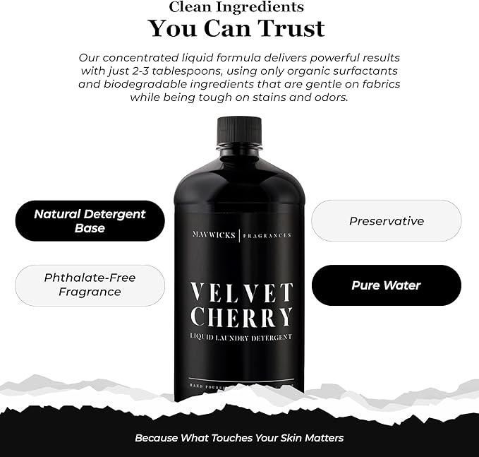 Laundry Liquid Detergent (Velvet Cherry) - 32 Oz Laundry Perfume Bottle for Men & Women, Stain & Odor Remover, Deep Clean, Long-Lasting Fragrance and Freshness for All Fabrics