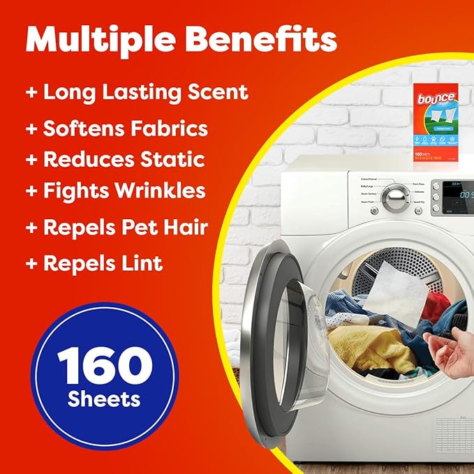 Bounce Dryer Sheets Laundry Fabric Softener Fresh Scent - Long Lasting Fresh Dry Cleaning Sheets for Tumble Dryer - Helps Reduce Wrinkles and Soften Fabrics, Repel Lint and Hair (160 Count)