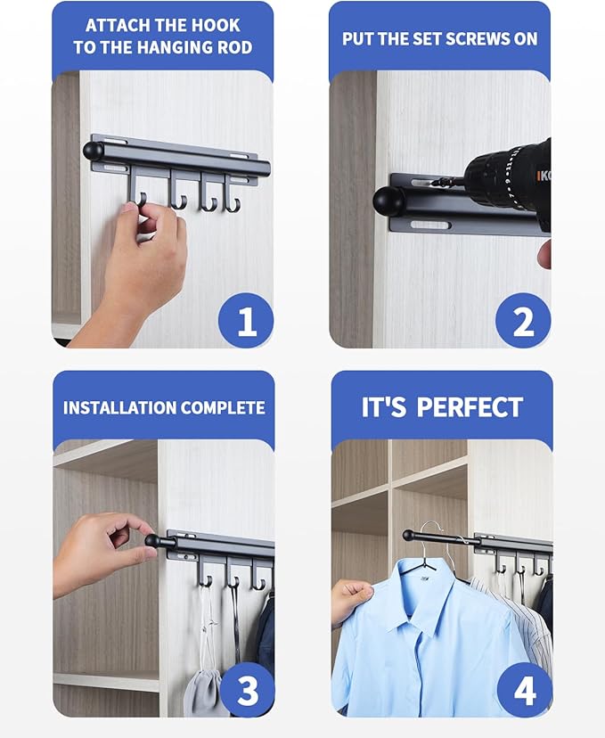 BaiNong Valet Rod for Closets Pull Out Closet Valet Rod Slide Out Extra long 16.5 inch Black Valet Rods for Closets With 6 Hooks