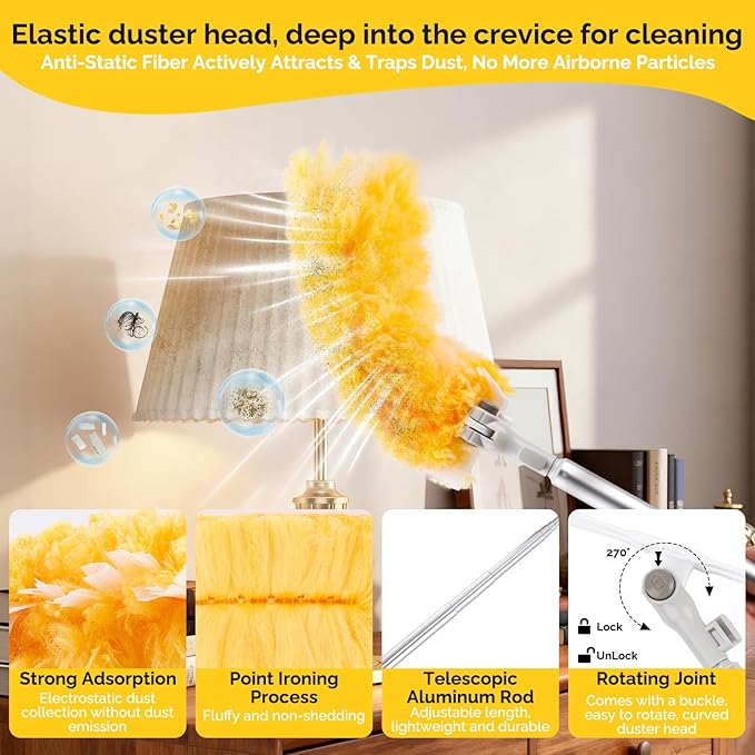 AIDELY 6 FT Extendable Duster Handle with 20 Pcs Refills, Heavy Duty Starter Kit Compatible with Swiffer, Disposable Microfiber Dusting Pads for Ceiling, Fan, Window & Hard to Reach Areas Cleaning