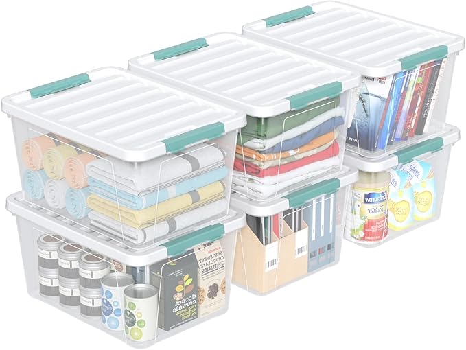 6-Pack Clear Plastic Storage Bins with Lids, 35 Quart Latch Storage Box