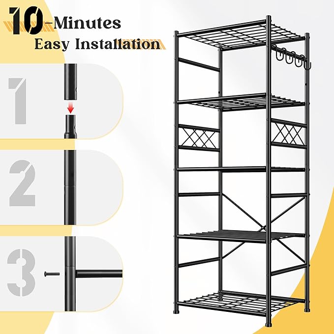 DurayLoly 5-Tier Storage Shelves,Sturdy Metal Shelving Unit with Hooks,Wobble-Free Storage Rack with Leveling Feet,Slim Standing Shelf Organizer for Garage Kitchen Pantry,17.7”W×11.8”D ×58.3”H,Black