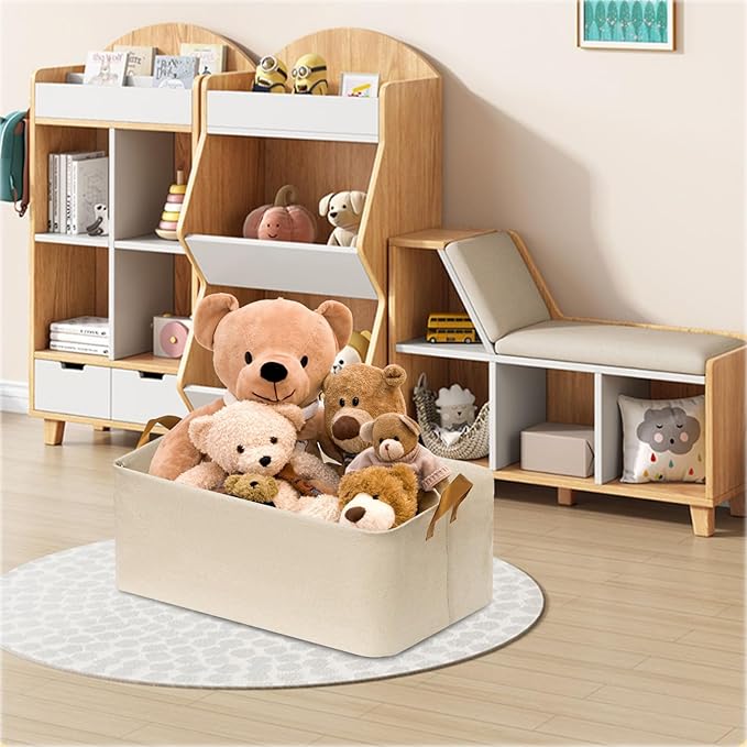 SNWDN 4 Pack Closet Cloth Storage Bins for Shelves, Medium Storage Baskets for Shelves, Fabric Bins for Closet organization with Handles（ Beige 15''L x 10''W x 8''H）