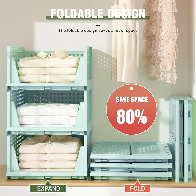 Closet Organizer, 4 Pack Stackable Storage Bins for Closet Shelves, Plastic Storage Drawers Basket Weekly Clothes Organizer for Kids(4L)（Green）