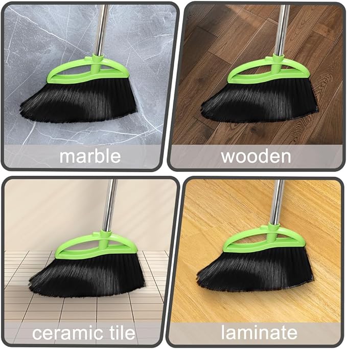 3 Packs Indoor Brooms Green Angle Broom Soft Bristles Long Handle for Hardwood Floor Sweeping