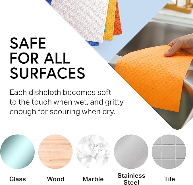 Swedish Wholesale Dishcloths Reusable 8" x 7" Sponge Cloths, Bulk 10 Pack of High Absorbent Cellulose Dish & Kitchen Cleaning Hand Towels, Wring to Dry & Machine Wash, Odor Resistant, Yellow