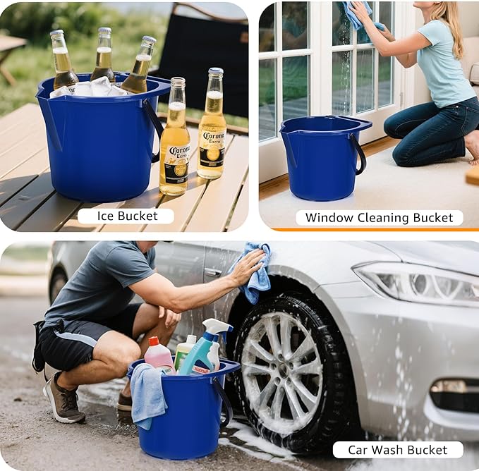 Matthew Cleaning 4.2 Gallon Mop Bucket, Heavy Duty Plastic Cleaning Bucket with Built-in Pour Spout, Mop Holder and Comfort Grip Handle, House and Commercial Cleaning Supplies, 2 Pack Blue