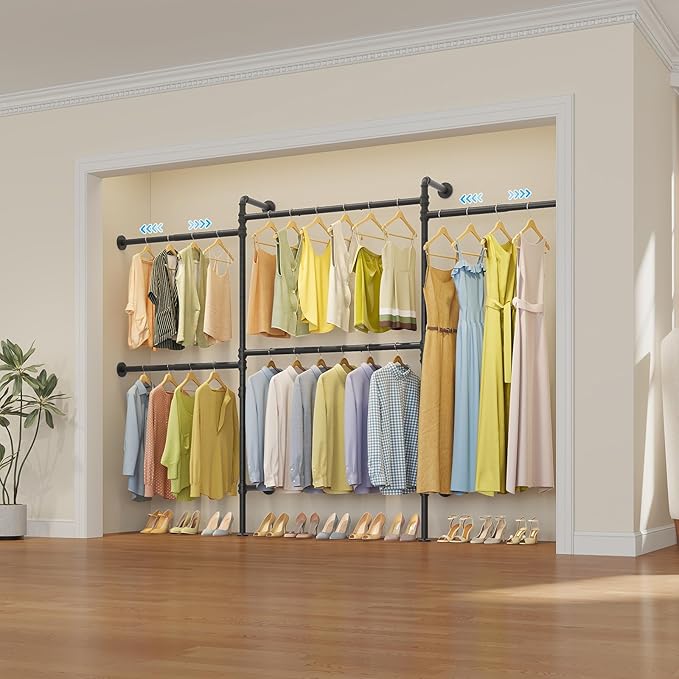 Timate P3 Closet Organizer System with 5 Hanging Rods, Adjustable 5'8"–7'6", Heavy-Duty Modular Garment Rack, Space-Saving Closet Solution for Walk-in Closet, Bedroom & Small Spaces