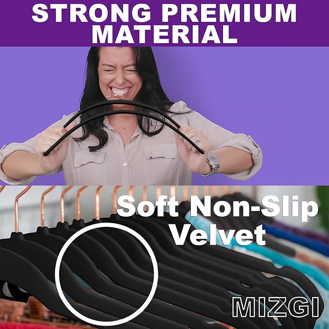 MIZGI Premium Velvet Hangers (60 Pack) Heavy Duty- Non Slip Felt Hangers - Velvet Suit Hanger Black - Rose Gold Hooks,Space Saving Clothes Hanger