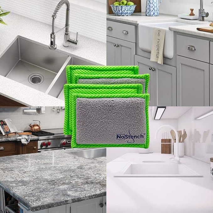 Kitchen Sponge | Odor Resistant, Non-Scratch Microfiber Mesh & Terry Cloth Sponge, Long Lasting Odor Protection | Durable, 4 Pack