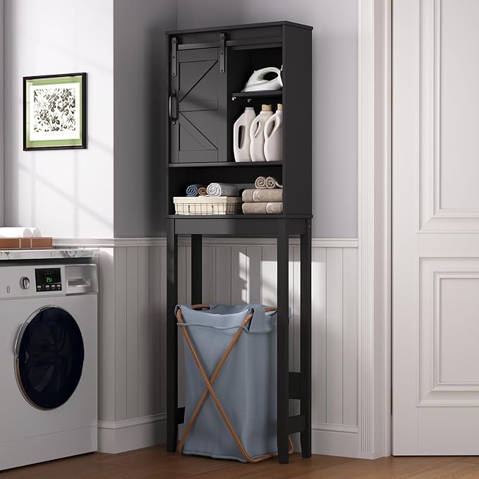 Over The Toilet Storage Cabinet, Bathroom Organizer with Anti-Tip Kit, Adjustable Shelves, Elegant Matte Black Finish Suits Modern Bathrooms.