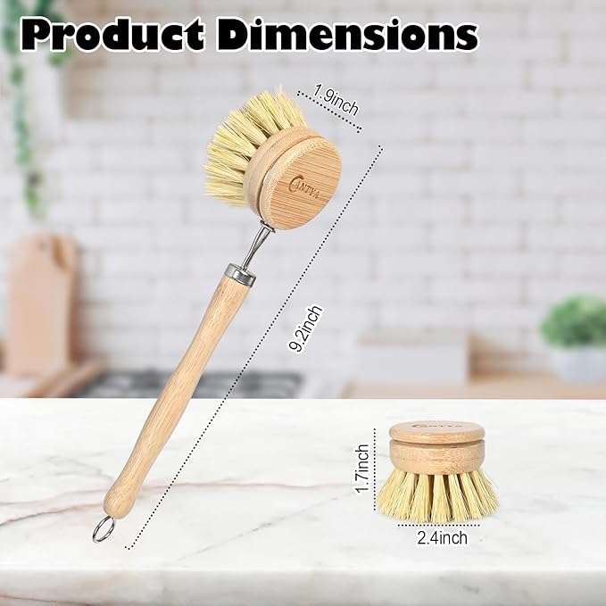 Bamboo Dish Brush with Handle - Soft Bristle, Eco-Friendly Vegetable Brush Scrubber for Food, Compostable & Sustainable, Bamboo Scrub Brush for Dishes, Pots and Pans