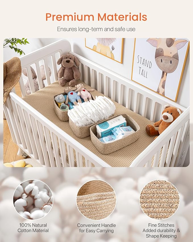 Small Woven Basket, 12 x 8 x 4.5 Inches, Storage Basket for Organizing, Cute Small Rope Shelf Closet Cube Storage Bins Baskets for Shelves, Dog Toy Gift Baskets Empty, 3 Packs, Mixed Brown