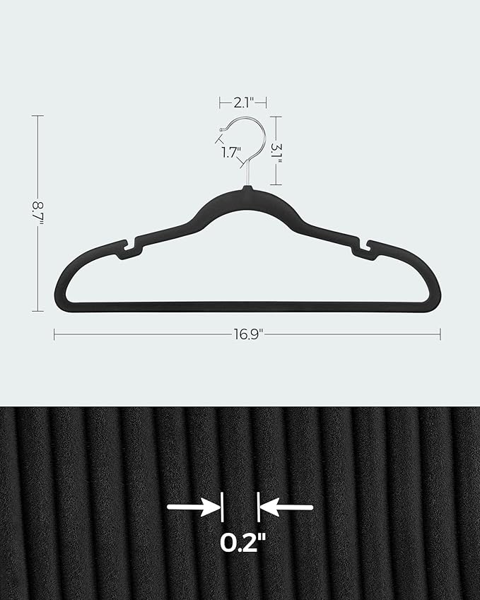 SONGMICS Velvet Hangers 30 Pack, Non-Slip Clothes Hangers with Shoulder Notches, Pants Bar, 360° Swivel Hook, Space-Saving, for Closet, Ink Black UCRF029B03