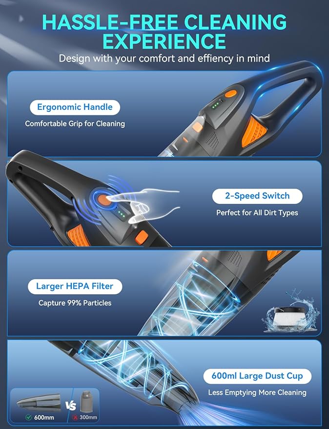 GHUSTAR Handheld Vacuum Cordless - 25000PA Strong Suction Hand Held Car Vacuum Cleaner Portable with Multi-Nozzles - Lightweight Dust Busters Rechargeable for Home Car Office Pets 2 Levels