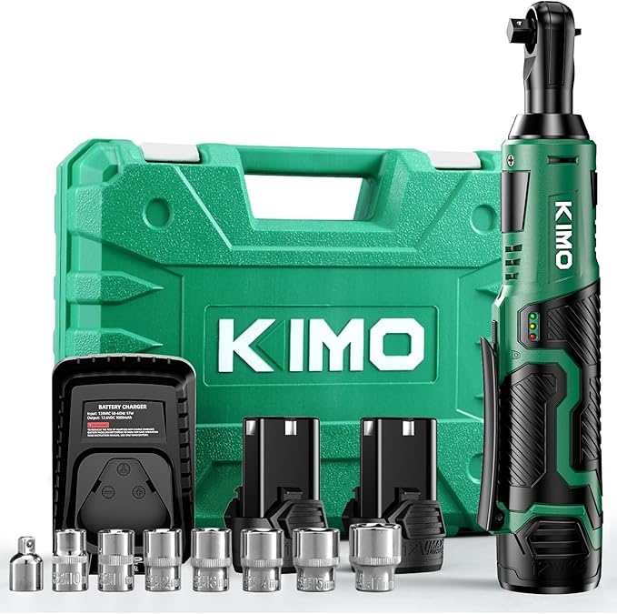 KIMO Cordless Electric Ratchet Wrench Set, 40Ft-lbs, 400RPM, 12V Cordless Ratchet Wrench 3/8" w/Variable Speed Trigger, 7Sockets, 1/4" Adapter, Forward/Reverse Switch, 2Battery Power Ratchet w/Charger
