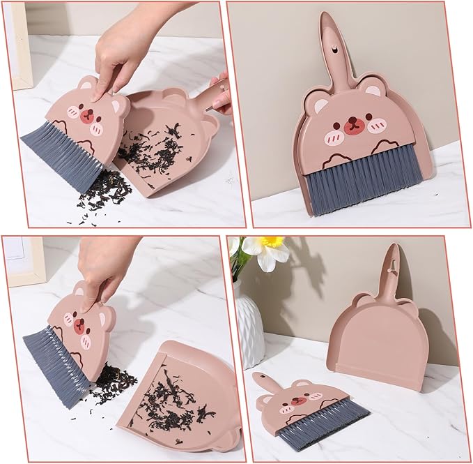 Portable Hand Broom and Dustpan Set, Cute Mini Dustpan and Brush with Bear Pattern, Small Cartoon Space Cleaning Tool for Home Office Desktop Car Camping Kitchen Tabletop (Brown)