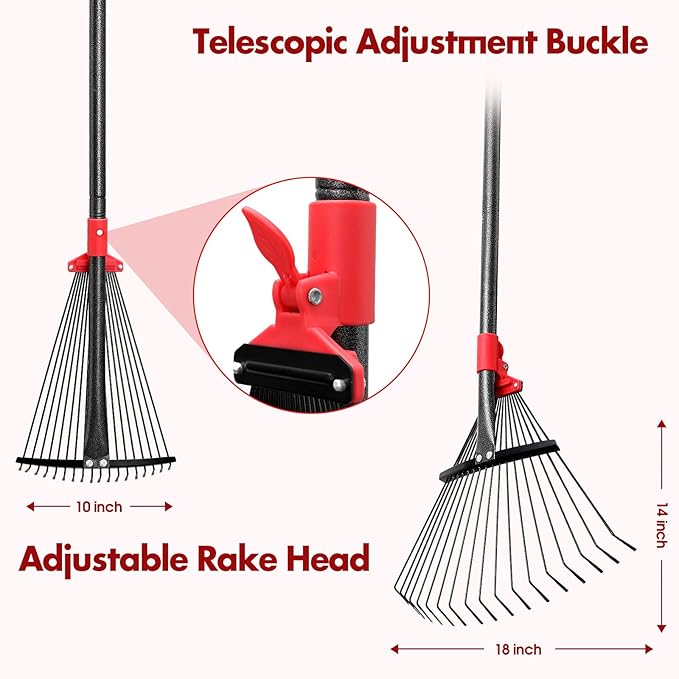 BsBsBest 75 Inch Rake for Leaves with 18 Metal Tines 10-18" Expandable Head Rakes Adjustable Handle for Lawn Leaf Rake Yard Tools for Collecting Leaves, Grass Clippings, Garbage