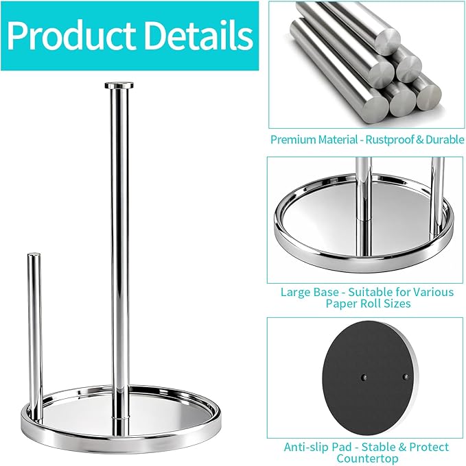 Paper Towel Holder Countertop, Standing Paper Roll Holder with Anti Slip Weighted Base, Stainless Steel Freestanding Paper Towel Holder for Kitchen, Chrome