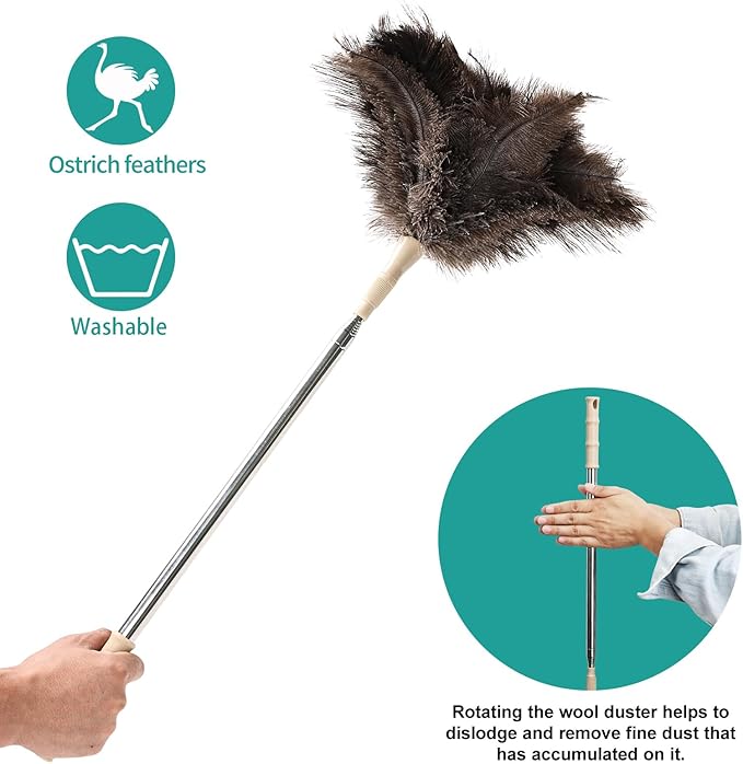 Extendable Ostrich Feather Duster 27-94 Inch, Natural Cleaning Duster Extension Pole Reusable for High Ceilings, Fans, Blinds, Furniture, Interior & Roof Dusting(Two Pack)