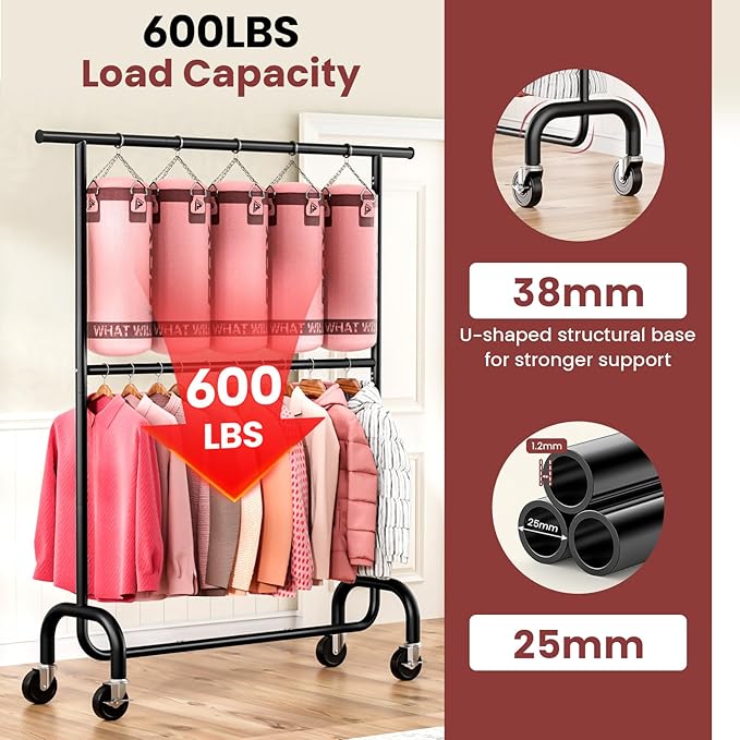 Heavy Duty Clothes Rack, 78.35" Rolling Clothing Rack for Hanging Clothes with Lockable Wheels, 6-Level Adjustable Double Rod Garment Rack for Bedroom, Laundry, Clothing Store, Black