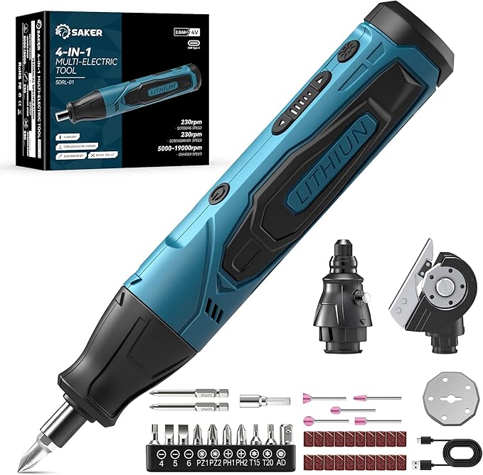 Saker 65-in-1 Mini Electric Screwdriver Set, DIY Tool Kit with 4V Cardboard Cutter & Rotary Tool, 2.5N.M, 2000mAh Battery, USB-C Charging, Ideal Tool for DIY Tasks and Light-Duty Home Repairs