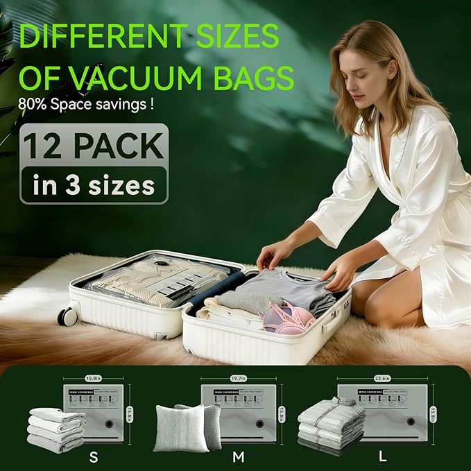 Vacuum Bags for Travel - USB Electric Pump, 12 Pack Carry-on Size Vacuum Seal Bags for Clothing - Space Saver Vacuum Storage Bags for Luggage, Travel Essentials.