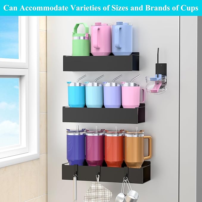 Metal Magnetic Water Bottle Holder for Refrigerator, Cup Holder Organizer for Stanley and Tumbler for Kitchen, 3 Pack, Jet Black