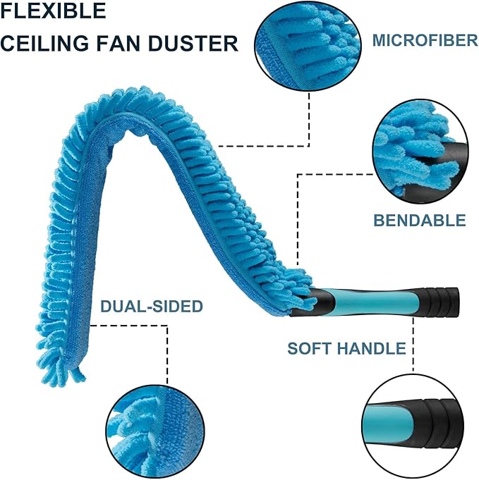 20 Foot High Ceiling Fan Duster with 5-12ft Extension Pole, Extendable Reusable Cobweb, Feather, Window Cleaning Squeegee Kit