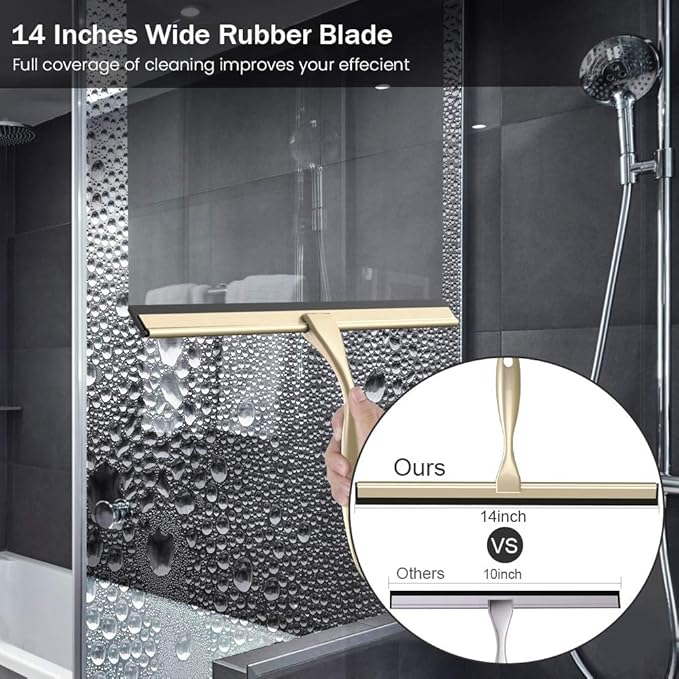 Shower Squeegee with Self Adhesive Hook, 14 Inches Stainless Steel Squeegee Cleaner, All-Purpose Window Scraper for Bathroom Doors, Mirror, Windows and Car Glass, Light Gold