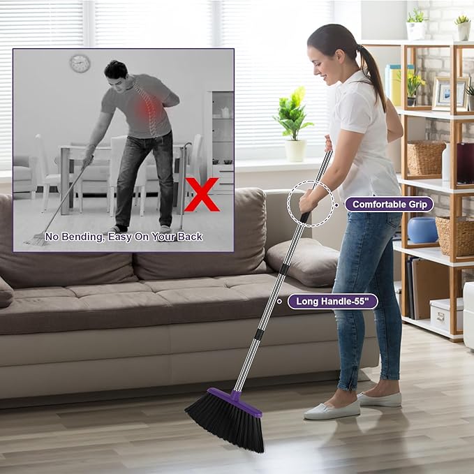 Heavy Duty Angle Broom, 55-Inch Long Handle Extra Wide 12.6 Inch Head, Stainless Steel Tube & PP Bristles for Pet Hair and Dust, Floor Safe - Purple