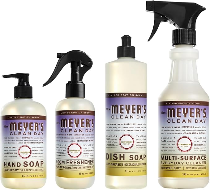 Mrs. MEYER'S CLEAN DAY Compassion Flower 4 Pack Variety, Liquid Hand Soap 12.5 OZ, Liquid Dish Soap 16 OZ, Multi-Surface Everyday Cleaner 16 OZ, Room Freshener 8 OZ, 1 CT