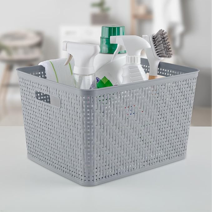 Sterilite 6-Pack Tall Basket, Woven Plastic Storage Baskets for Organization, Cement - Organizing Bin Containers with Handles for Bedroom, Bathroom, Dorm, and Closet