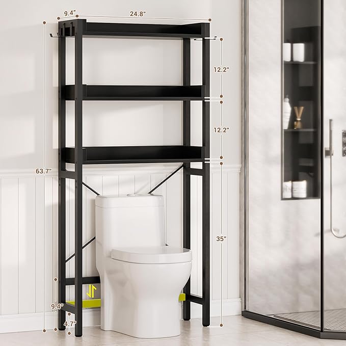 Besiost Over The Toilet Storage Rack - 3 Tier Bathroom Organizer with Shelves, Freestanding Space Saver Storage Rack Above Toilet Stand with 4 Hooks for Restroom, Laundry, Black