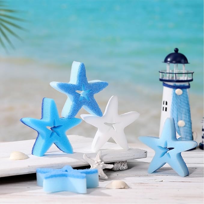 Tioncy 12 Pack Summer Starfish Kitchen Sponges Bulk Dual Sided Scrubber White Blue Starfish Sponges Dishwashing Kitchen Cleaning Accessories for Funny Christmas Household Supplies