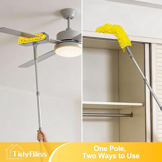 77” Ceiling Fan Blades Cleaner Duster with Extension Pole, Extendable Flexible Dust Cleaning Brush, Reusable Chenille Mop for Baseboard Wall Floor Blinds Cobweb