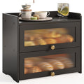 JANSNIMEN Large Bread Box for Kitchen Countertop Wooden Double Layer Breadbox Organizer with Window Vintage Farmhouse Bread Storage Container for Homemade Bread (Black)