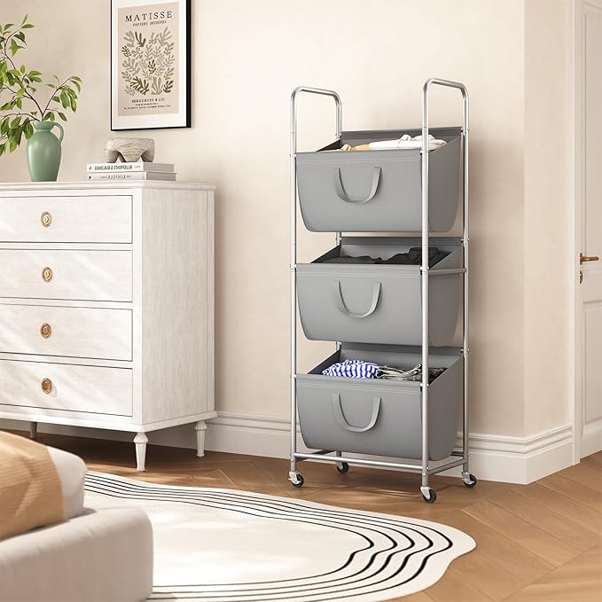 ELYKEN 120L Vertical Rolling Laundry Hamper with Removable Bags, 3 Section Laundry Baskets with Wheels, Space-Saving 3 Tier Laundry Sorter for Small Spaces, Dorm, Bedroom, Bathroom, Laundry Room