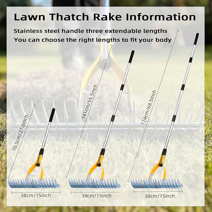 Thatch Rake 15 Inch Wide Efficient Dethatcher Rake for Cleaning Dead Grass, Combs Turf & Loosens Soil, Steel Metal Grass Rakes with Stainless Steel Handle Versatile Leveler &Cleans for Garden