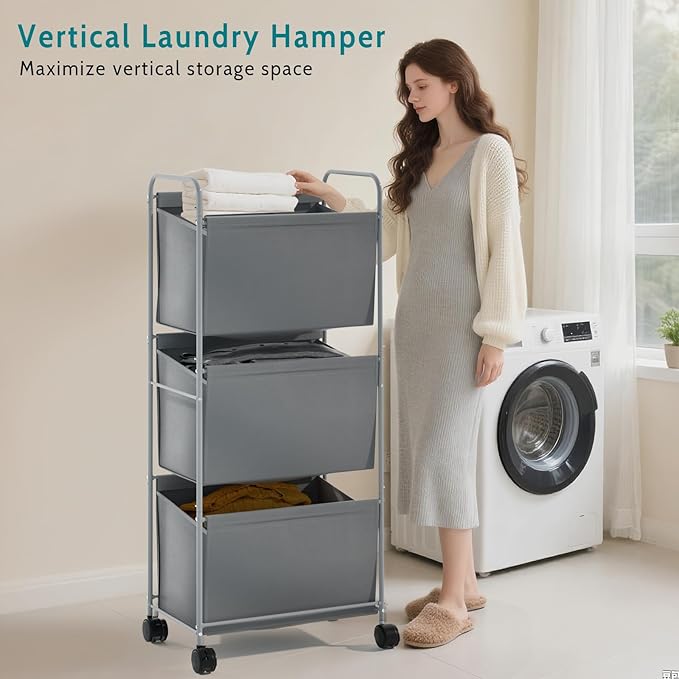 125L Vertical Laundry Hamper with Wheels, 3 Section Large Rolling Laundry Sorter with Detachable Inners, Metal Clothes Hamper Laundry Baskets Organizer for Bathroom, Bedroom, Dorm (Gray)