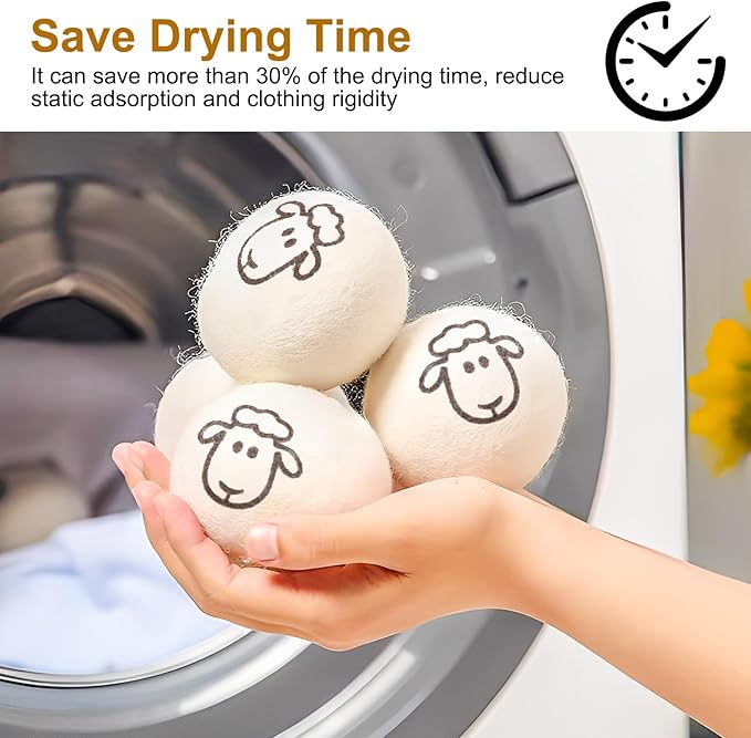 6 Pcs Wool Dryer Balls, Reusable New Zealand Natural Fabric Softener & Static Reducer Wool Laundry Balls for Dryer to Reduce Wrinkles & Shorten Drying Time, for Pet Hair & Laundry, with Storage Bag