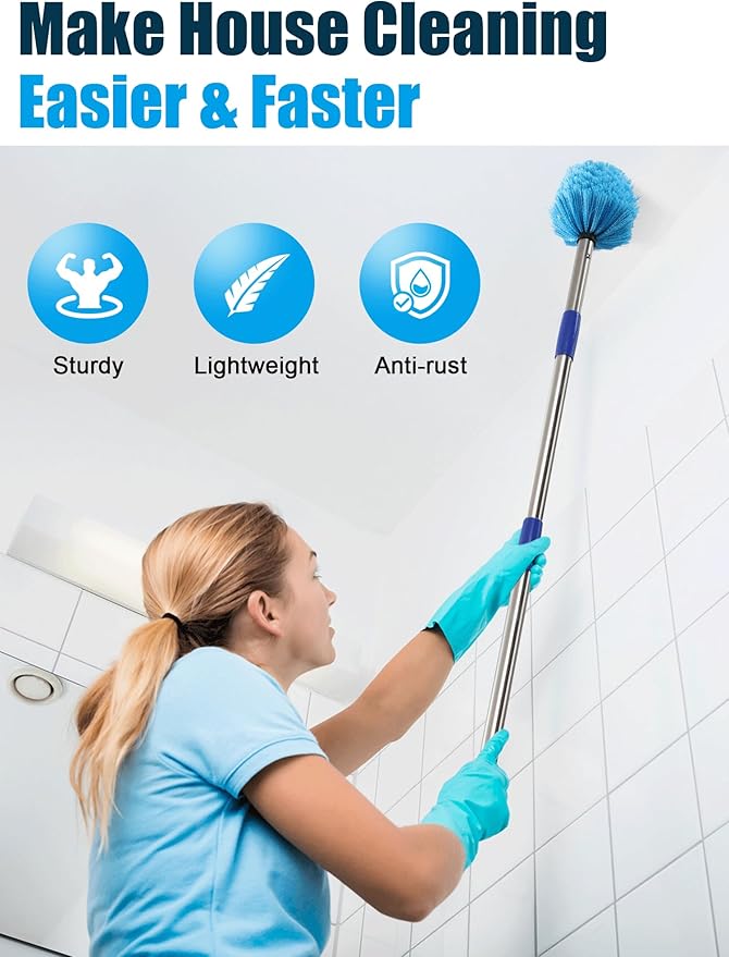 Cobweb Duster with Extension Pole, 10 ft Spider Web Brush for Outdoor House Cleaning, Cob Web Remover for High Ceilings Fans, Medium-Stiff Bristles Head, Adjustable Long Handle, Lightweight Cleaner