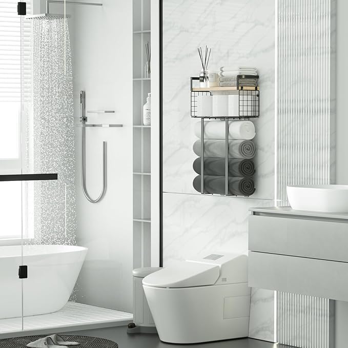 Xstydes Towel Racks for Bathroom, Metal Towel Holder with Storage Basket,Wall Towel Rack for Rolled Towels, Towel Storage for Small Bathroom.