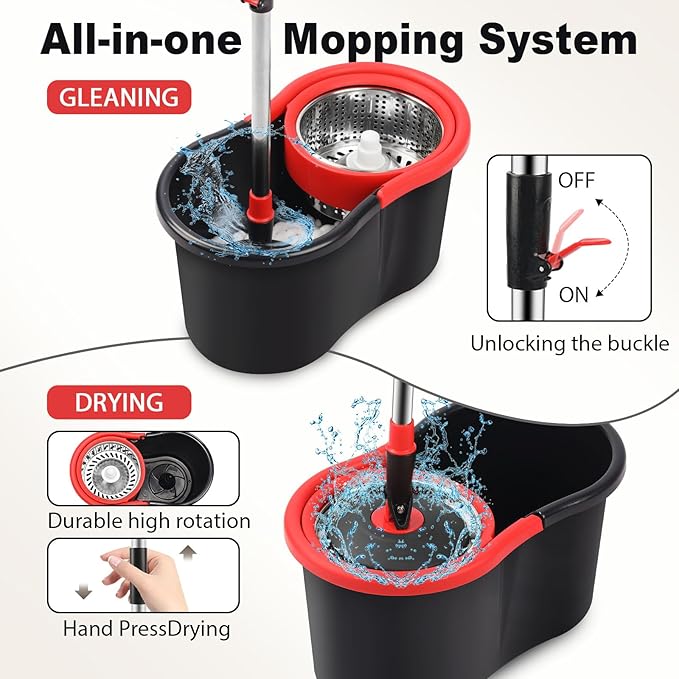Spin Mop and Bucket, Mop and Bucket with Wringer Set for Home, 360 Spinning Mop Bucket Floor Cleaning Tool with One Microfiber Mop Replacement Head Refills,50" Extended Handle for Floor Cleaning Home