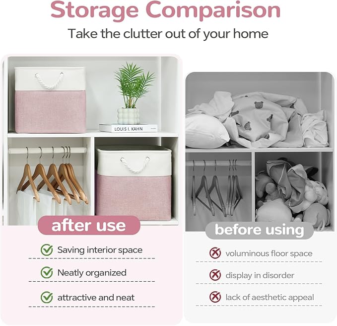 13 x 13 Inch Cube Storage Bins, 6 Pack Fabric Storage Basket with Handles, Foldable Boxes Organizer for Shelf Baskets for Home, Clothes (White/Pink)