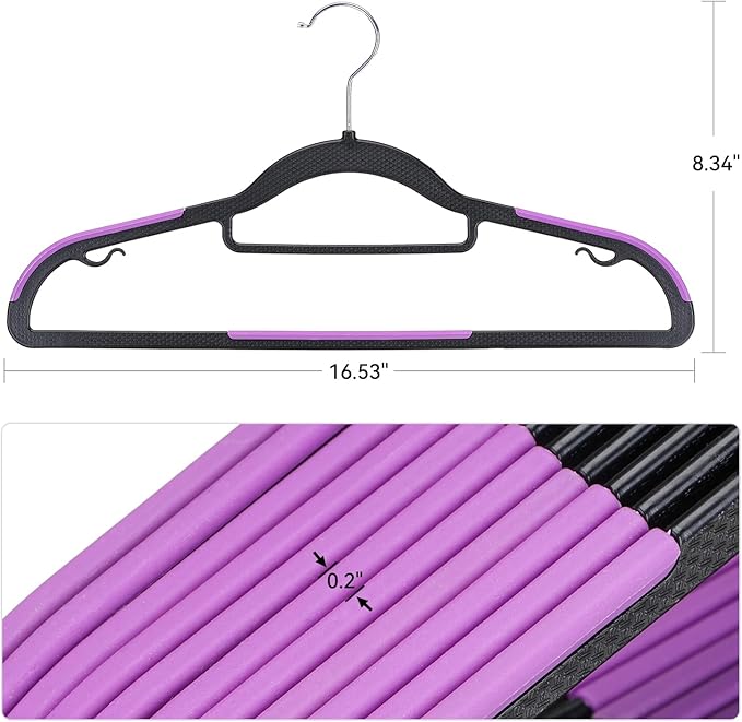 Tonswachic Pack of 30 Coat Hangers, Space-Saving Plastic Clothes Hangers, Non-Slip, 0.2 Inches Slim, 360° Swivel Silver Hook for Shirts, Pants, Suit & Wet/Dry Garments, Purple and Black