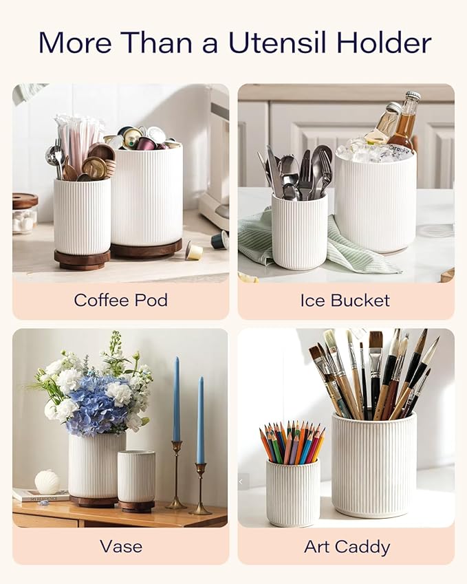 getstar Large Rotating Utensil Holder for Kitchen Counter,7.9"+6" Ceramic Utensils Crocks Set for Countertop Large & Small Utensil Organizer for Spatula Farmhouse Kitchen Decor