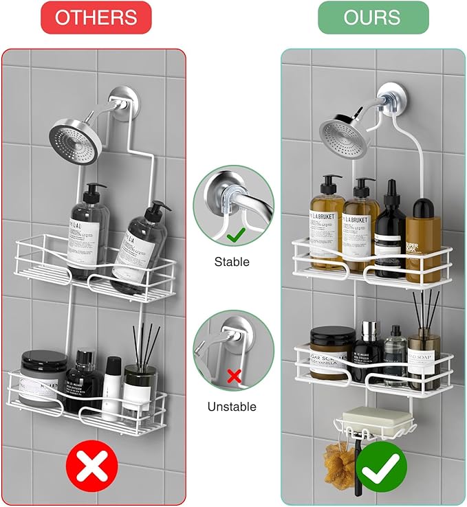 DAOYA Over Head Shower Caddy - Bathroom Shower Organizer with Soap Holder & 6 Hooks for Towels, White, 76L Capacity, Hanging Mount, Rust Resistant