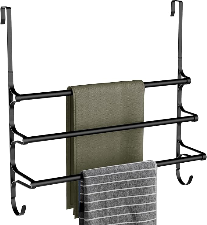 CANYAVE Over The Door Towel Rack, Over Door Towel Rack for Bathroom Door, Triple Towel Storage Holder with Hooks (Matte Black, 20.15" L)